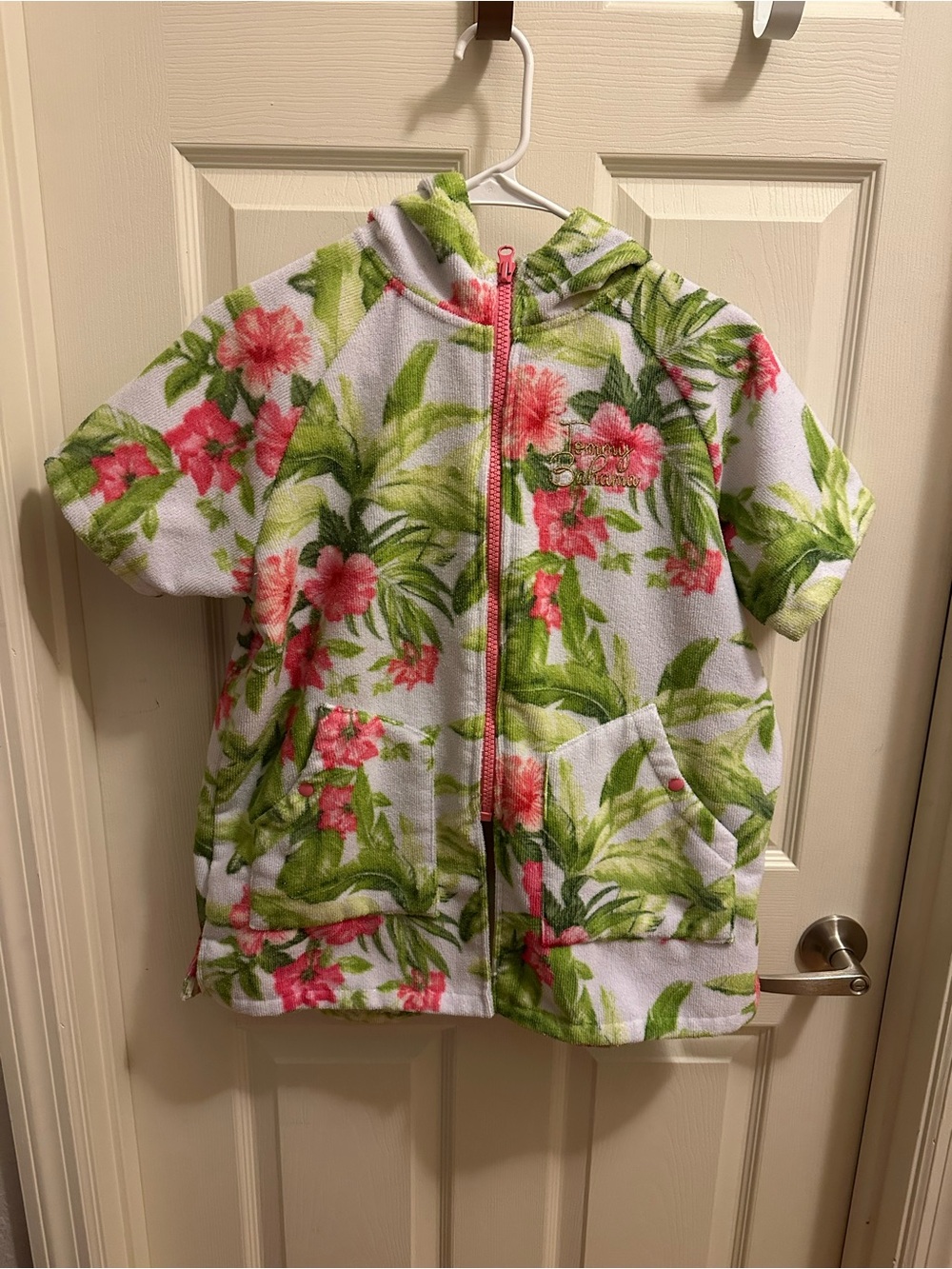 Tommy Bahama Girls' Hooded Floral Swim Coverup, White, Pink, Green, L/7-12